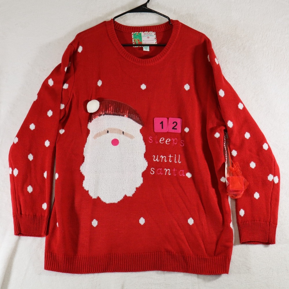 Women's 1X Christmas Countdown Sweater Santa Face "12 Sleeps Until Santa"